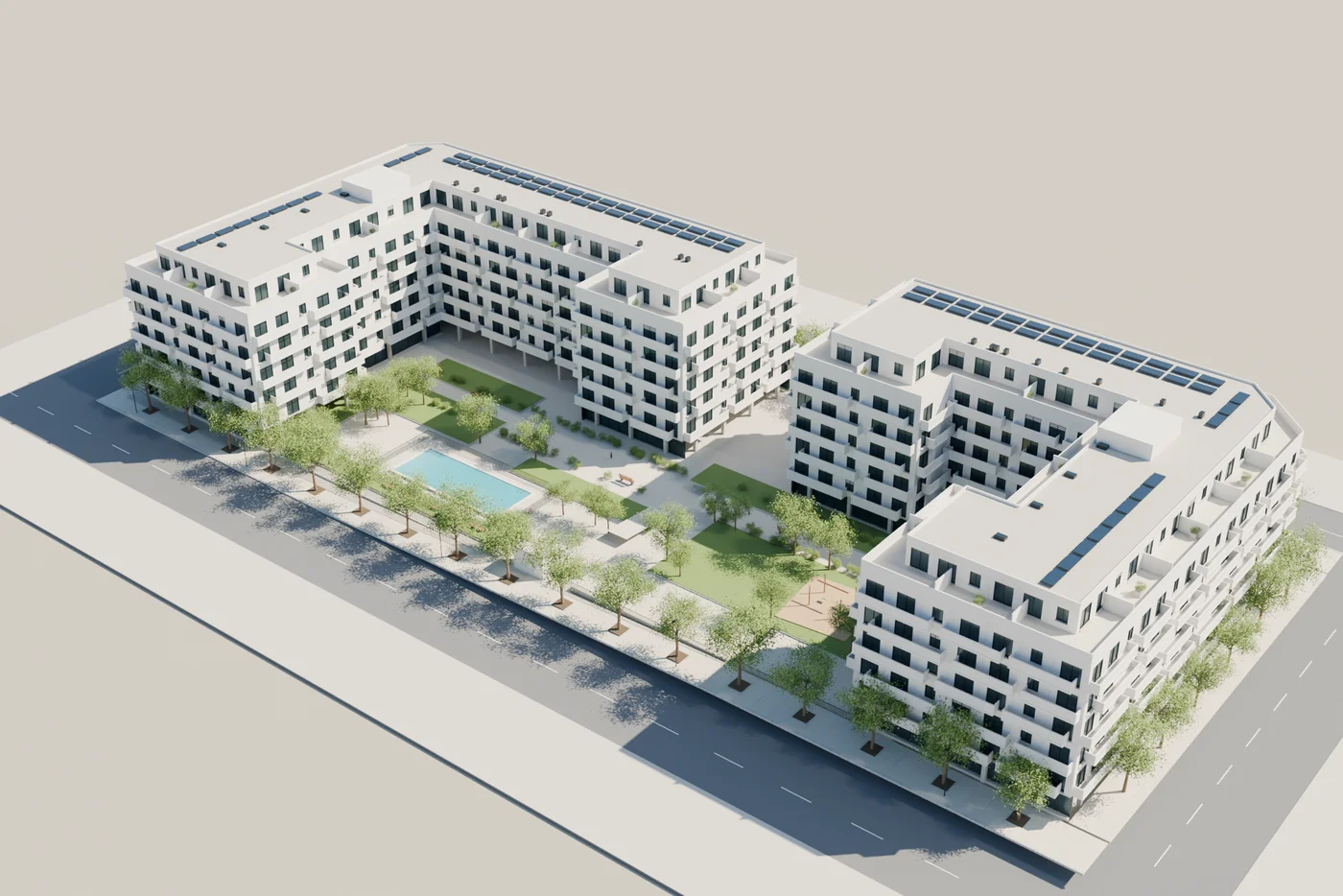 Recreación exterior de los dos edificios de RMA-18 y sus jardines
