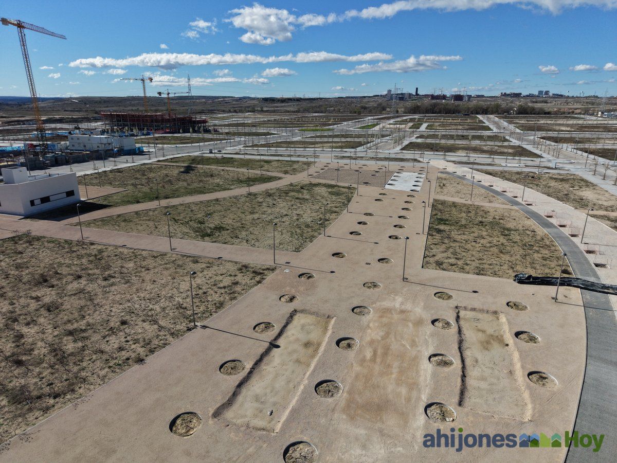 Zona verde con caminos y alcorques preparados