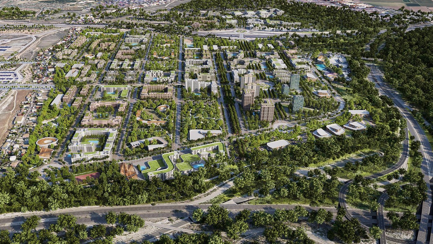 Render aéreo del desarrollo urbanístico de Los Cerros en Madrid